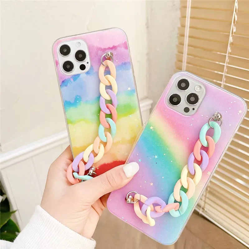 glitter stars rainbow wristband phone case for iphone 12 pro max 6 6s 7 8 plus x xr xs max phone 11 pro max cover coque fundas free global shipping