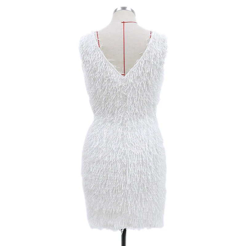 

Mandylandy Women's Elegant Backless Sleeveless V-neck High Waist Mini Dress Spring and Summer Sexy Plush Stitching Pencil Dress