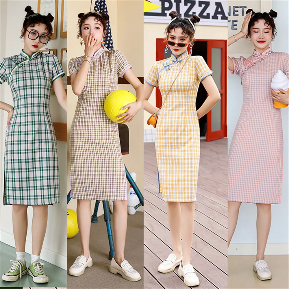 

FZSLCYIYI традиционное китайское женское повседневное кружевное клетчатое хлопчатобумажное льняное Ципао с принтом элегантное сексуальное до...