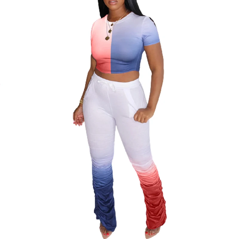 

Женский летний сексуальный комплект из двух предметов с градиентным принтом, укороченный топ с круглым вырезом и плиссированные расклешен...