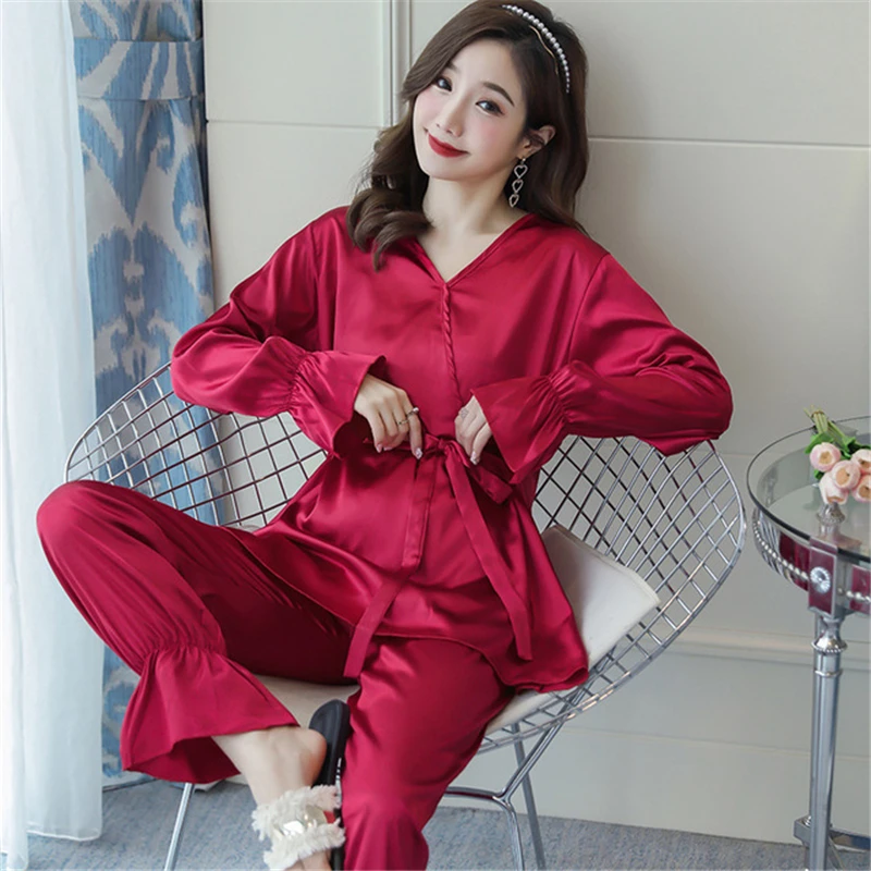 

Home service 2 autumn new suit casual loose bathrobe long sleeve + trousers solid color sexy pajamas two-piece fashion nightgown