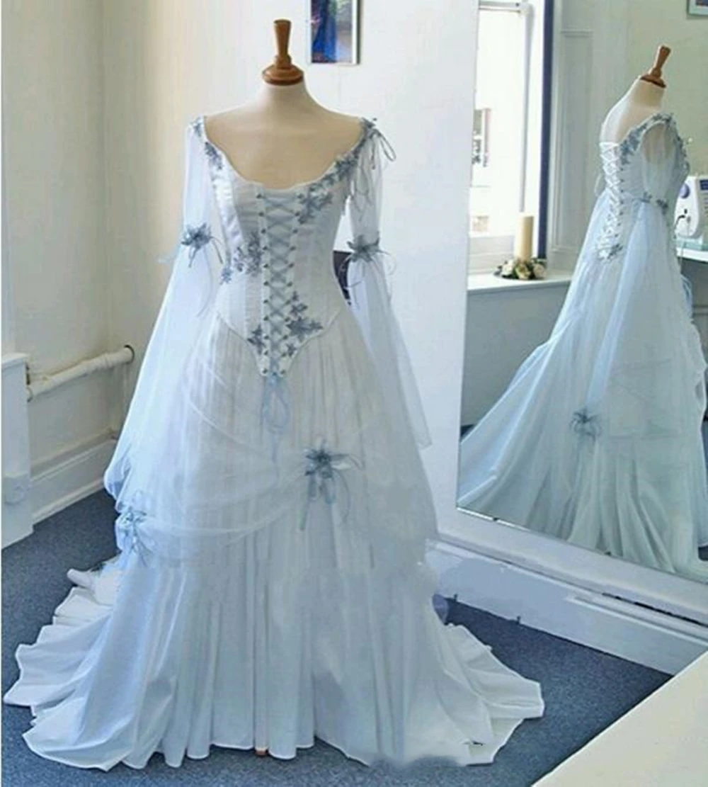 

Vintage Celtic Wedding Dresses White and Pale Blue Colorful Medieval Bridal Gowns Scoop Neckline Corset Long Bell Sleeves