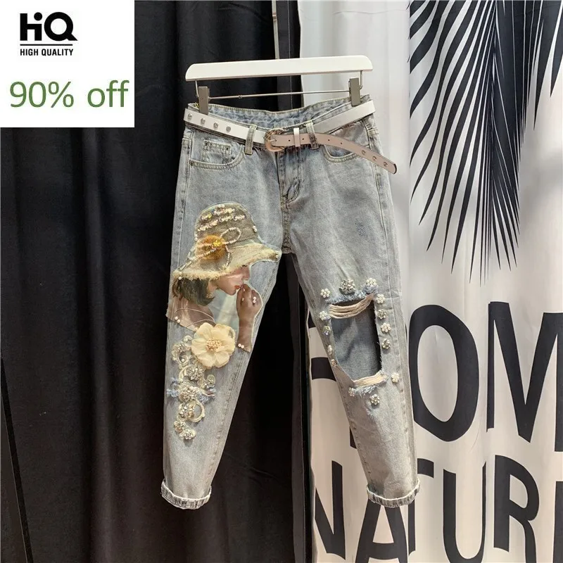 Харадзюку женские рваные джинсы с узором модные до щиколотки хип-хоп шаровары