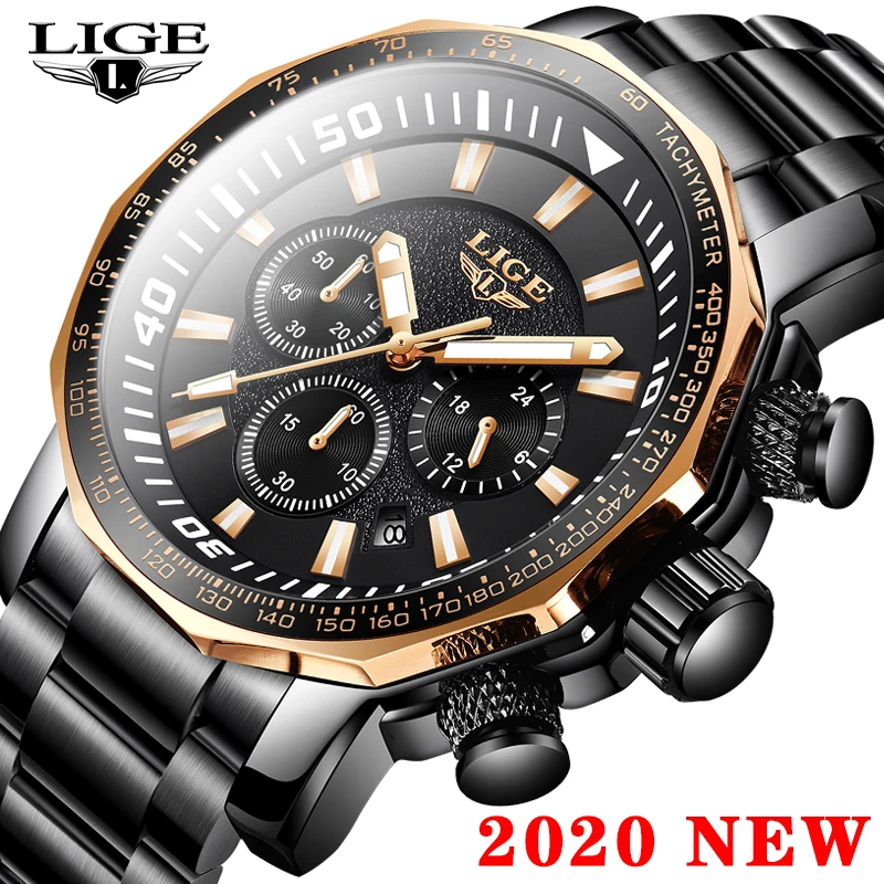 Часы наручные LIGE Мужские кварцевые брендовые Роскошные полностью стальные