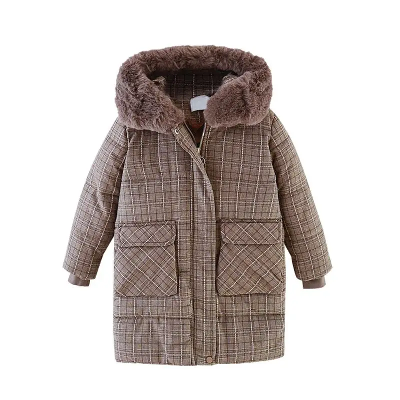 

Student cotton jacket winter new children's clothing long thick thick fur collar hand cotton checkered baby girl clothes
