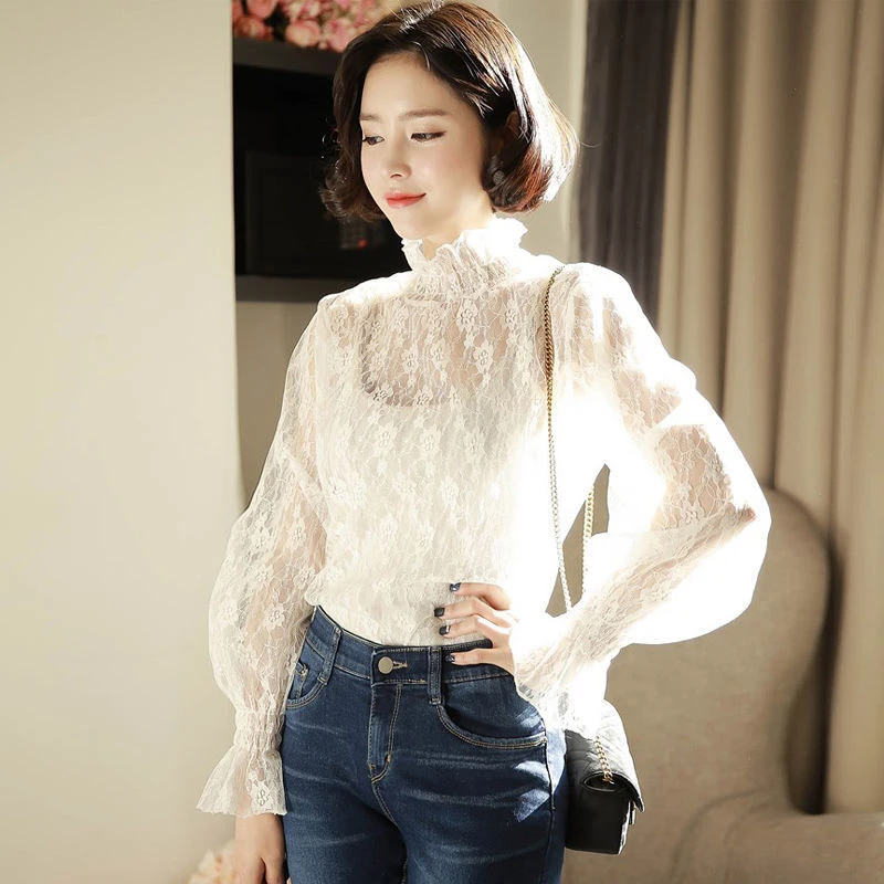 

Women Spring Summer Style Lace Blouses Shirts Lady Casual Long Sleeve Stand Collar Underwear Blusas Tops