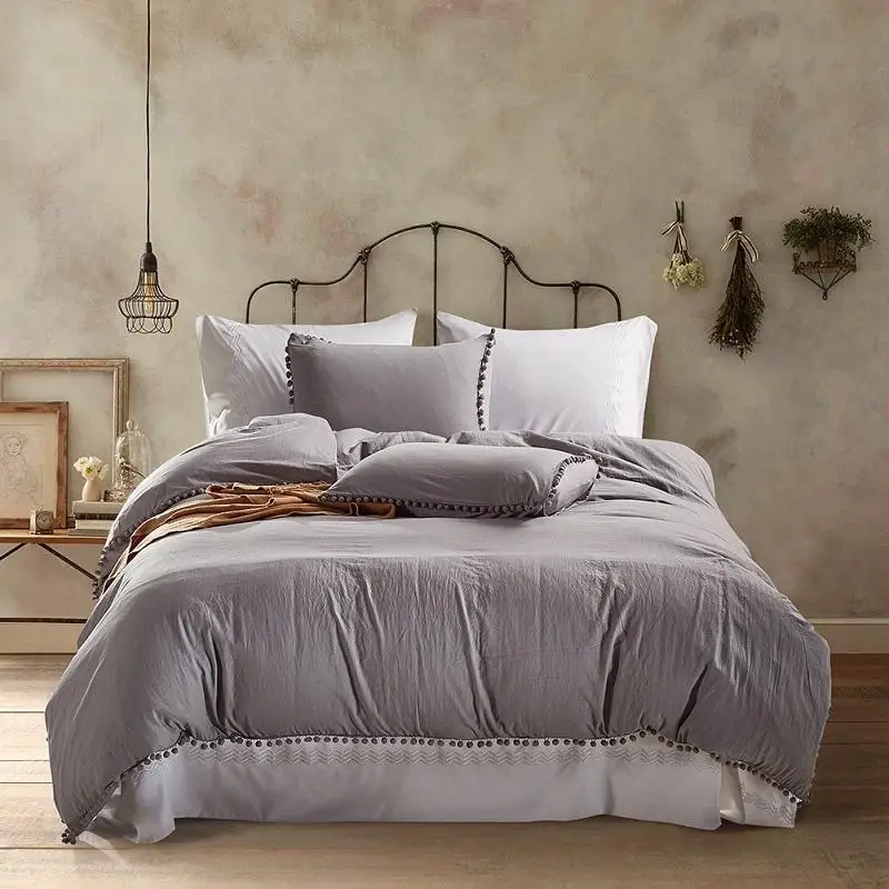 

49 Claroom Solid Color Cute Pink Bedding Set Ball Lace Duvet Cover Set and Pillowcases bed linen Comforter Sets DB46#