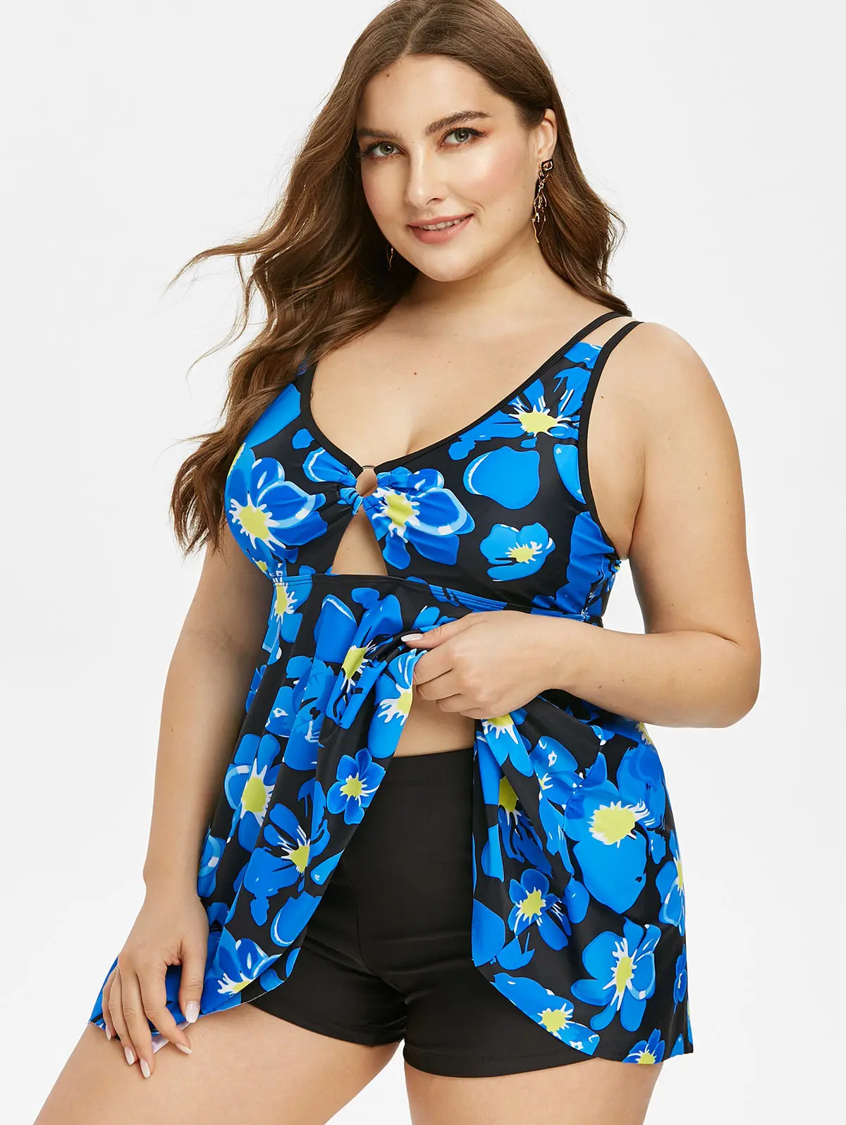 

Plus Size Cutout Floral Print Tankini Swimwear Tie Dye Handkerchief Bathing Suits Beachwear For Women Summer 5XL