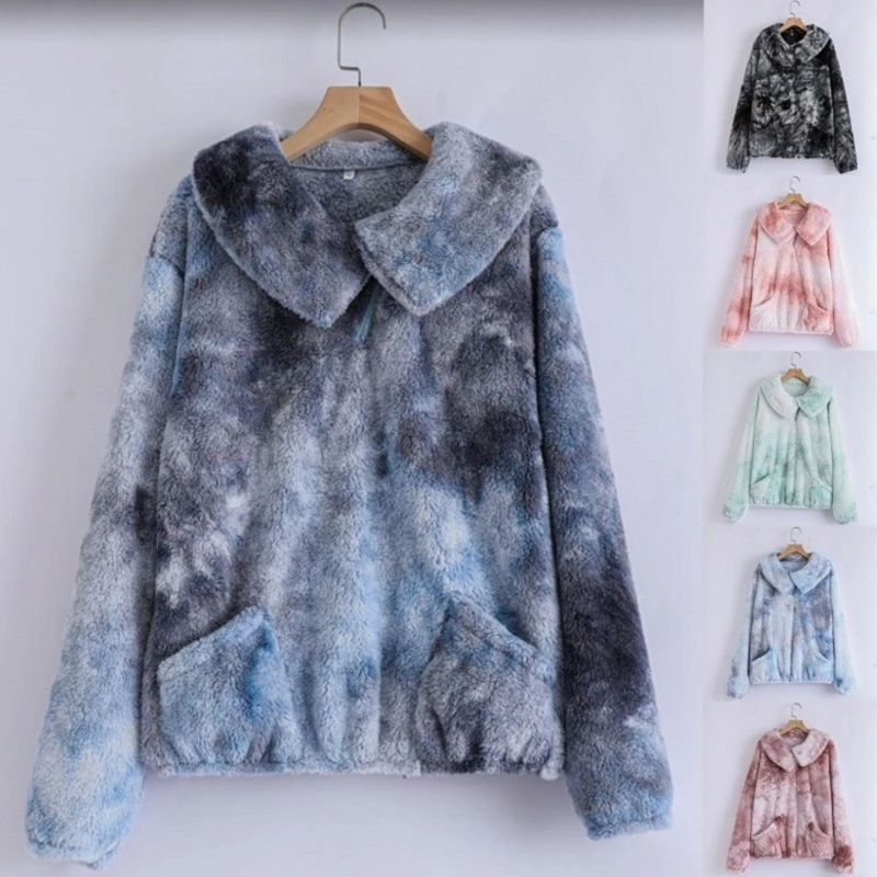 

Women Sweatshirt Autumn Winter Tie Dye Turn Down Collar Long Sleeve Fleece Warm Pullovers Tops Female Fashion Thick Sweatshirts