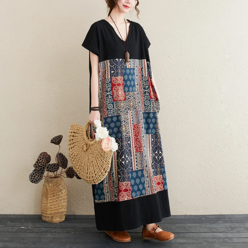 

Linen Dress Loose Print Short Sleeve Long Vintage Clothes 2021 New Arrival Casual Dress Roupas Femininas Robe Longue Femme