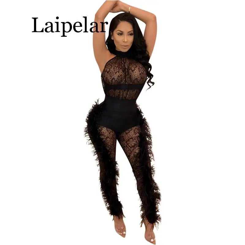

Laipelar/новый кружевной комбинезон без рукавов с цветочным принтом и перьями; Облегающий комбинезон; вечерние комбинезоны для ночного клуба; ж...