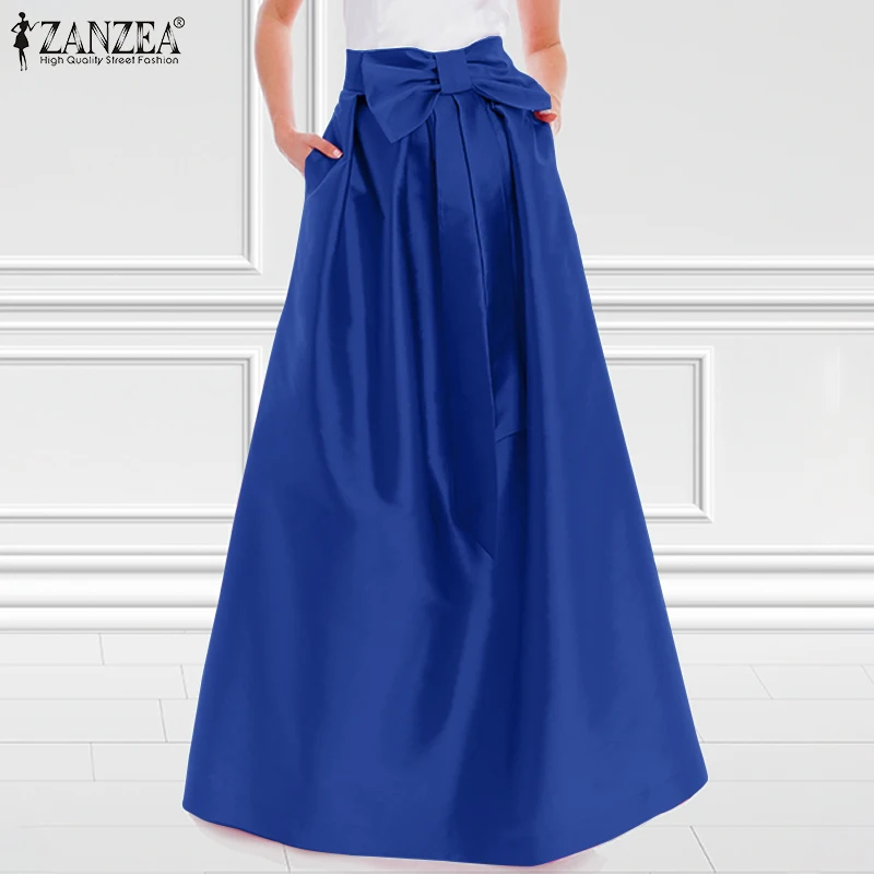 

Юбка ZANZEA Женская атласная с бантом, вечерние тная вечерняя длинная юбка-трапеция для отдыха, модная Однотонная юбка с завышенной талией