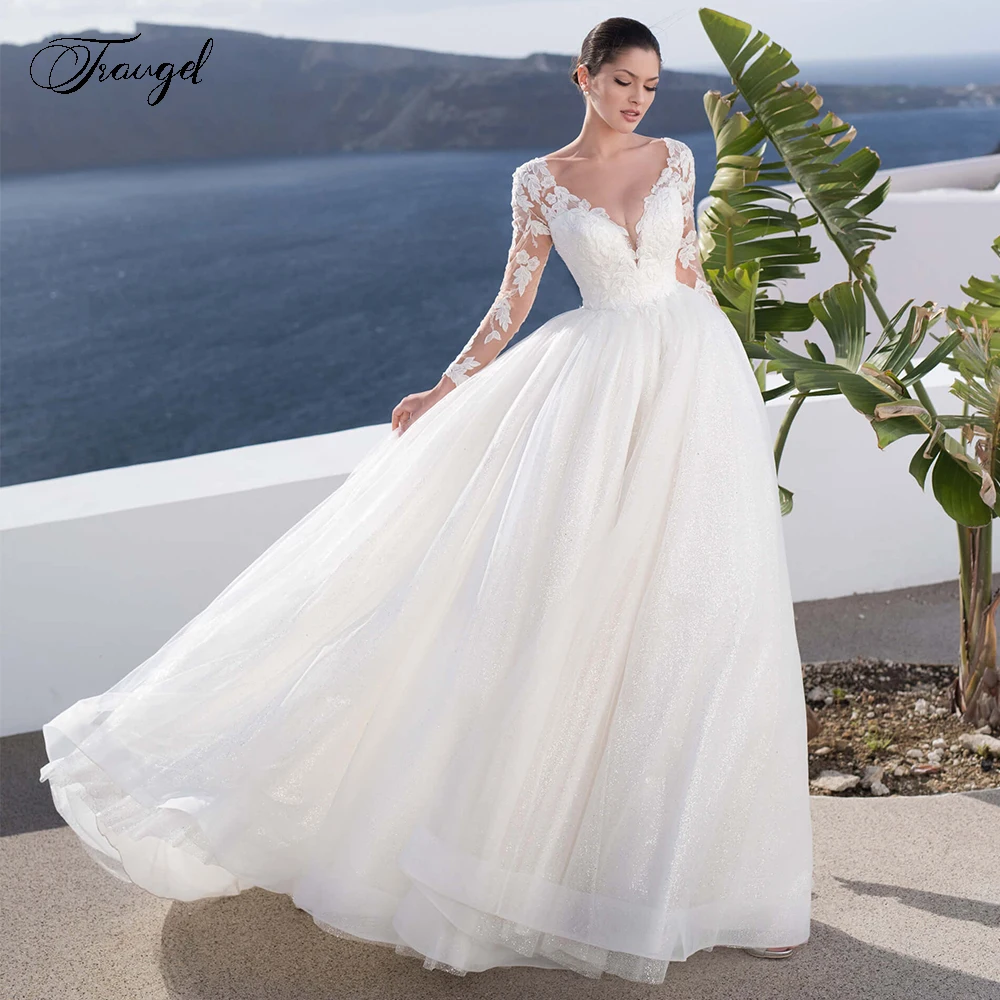 

Traugel V Neck A Line Lace Wedding Dresses Glitter Applique Long Sleeve Bride Dress Court Train Wedding Gown for Bride Plus Size
