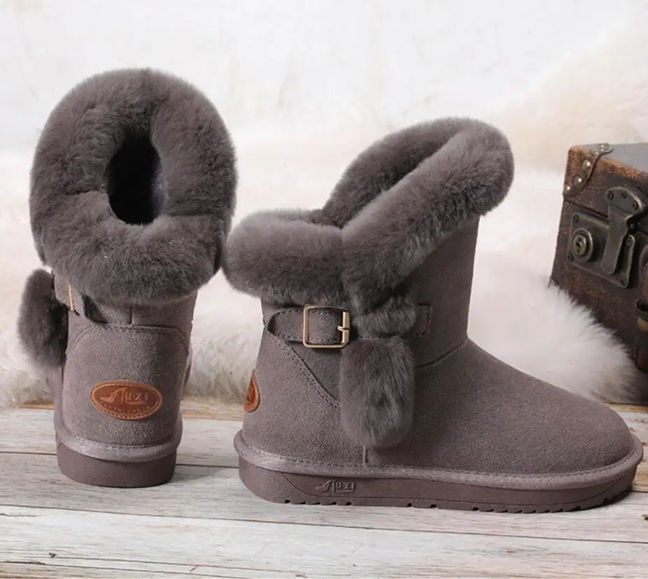 Зимние сапоги из натуральной кожи с кроличьим мехом женские ботильоны высокого