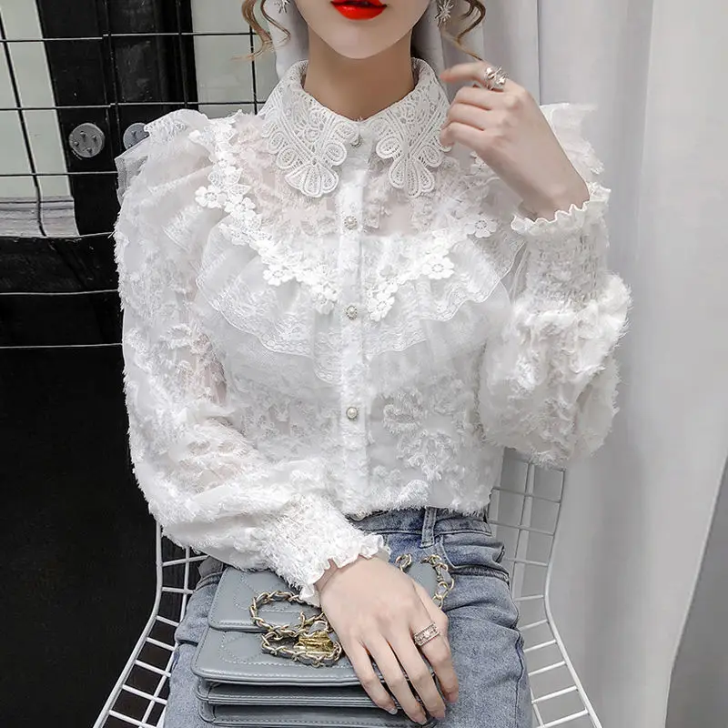 Женская кружевная блузка с длинным рукавом осенне-зимняя рубашка - купить по
