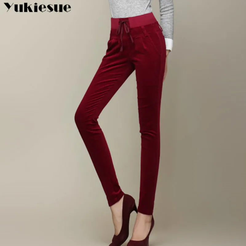 Женские вельветовые брюки с завышенной талией эластичные зимние брюки-карандаш
