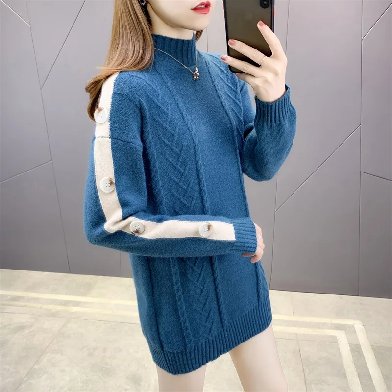 

Long Style Half Neck Ladies Sweaters Patchwork Long Sleeve Woman's Knit Jumpers with Buttons Slim Female Knit Pullovers Outwear