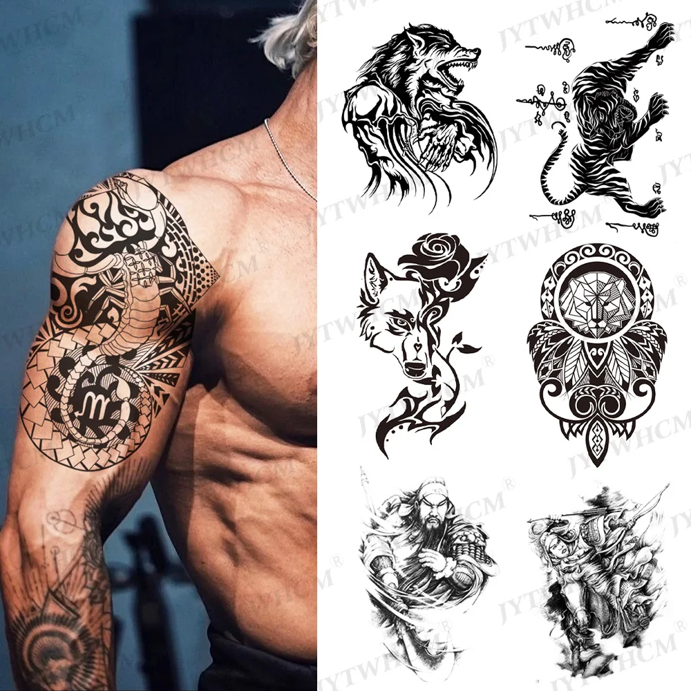 

Half Arm Art Temporary Tattoos Sleeve Stickers Realistic Warrior Lion Flower Fake Tattoos Stickers Black For Handsome Men Women