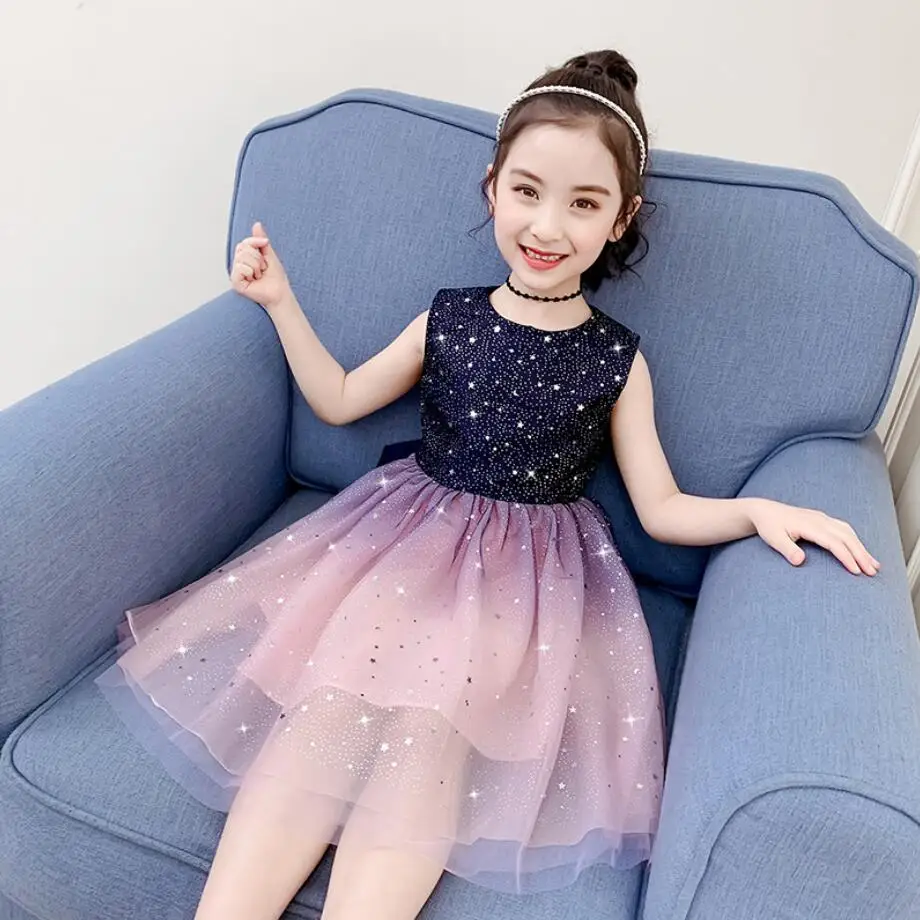 Одежда для детей платье 2021 летние Новый стиль градиент Сетчатое с блестками