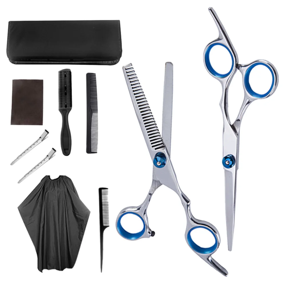 

1 Set of 10Pcs Hairdressing Tools Haircut Scissors Teeth Scissor Straight Scissor with Blue Ring Screw Hair Styling Tools Set (A