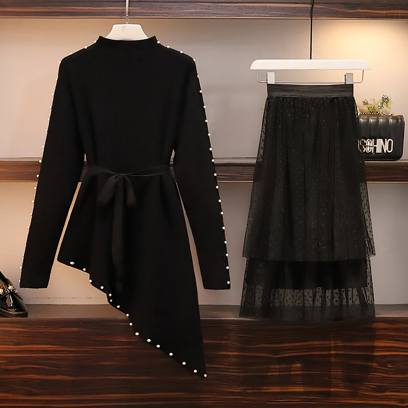 XL-5XL, свитер, Сетчатое платье, большой размер, для женщин, корейский, большой размер, зимнее платье, комплект из двух частей, Черное длинное платье размера плюс, одежда