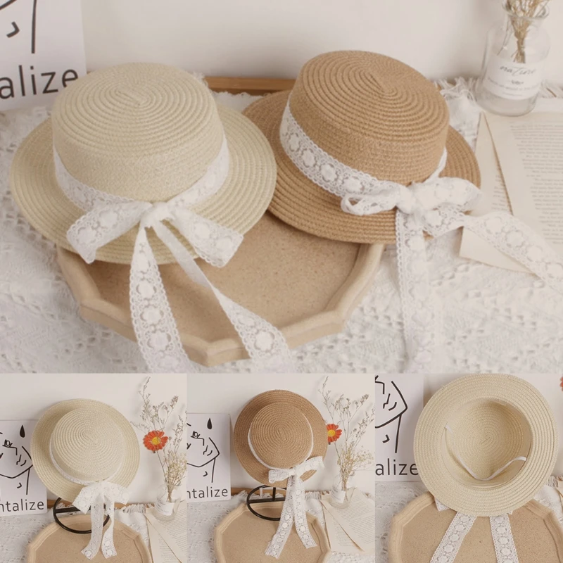 

Toddler Kids Woven Straw Sun Hat with Lace Ribbon Bow Floppy Sunscreen Beach Cap