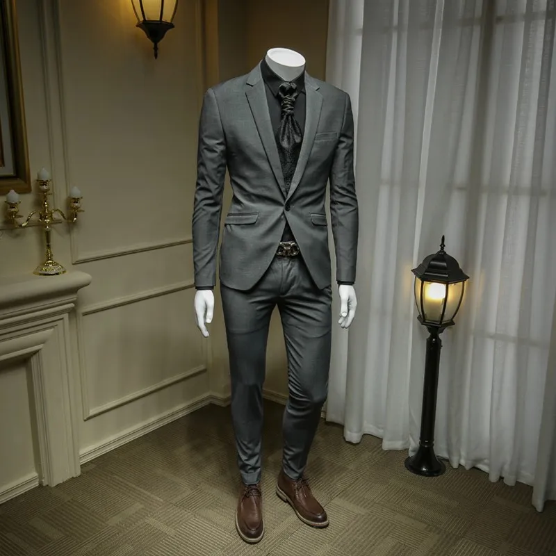 

Office Classic Business Gray Mens Suit Set Elegant Slim Fit Dress Blazer Straight Pencil Pants Male Wedding Formal Groom Suits
