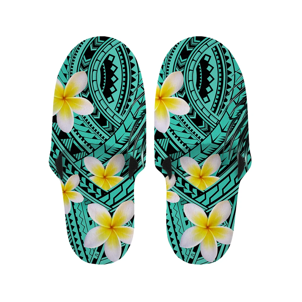 

S M L Women Slippers Retro Blue Polynesian Hibiscus Flower Warm Soft Bottom Ladies Indoor Floor Non-slips Shoes Dropshipping