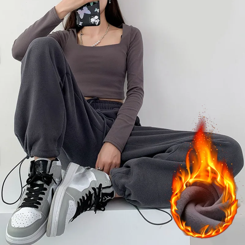 

Серые мешковатые строгие спортивные брюки FAKUNTN, женские осенние свободные женские спортивные утепленные бархатные брюки, теплые зимние брю...