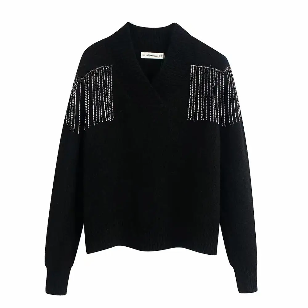 ZA autumn winter women black knitted Metal beaded sweater solid Casual thick pullover female tops woman clothes | Женская одежда