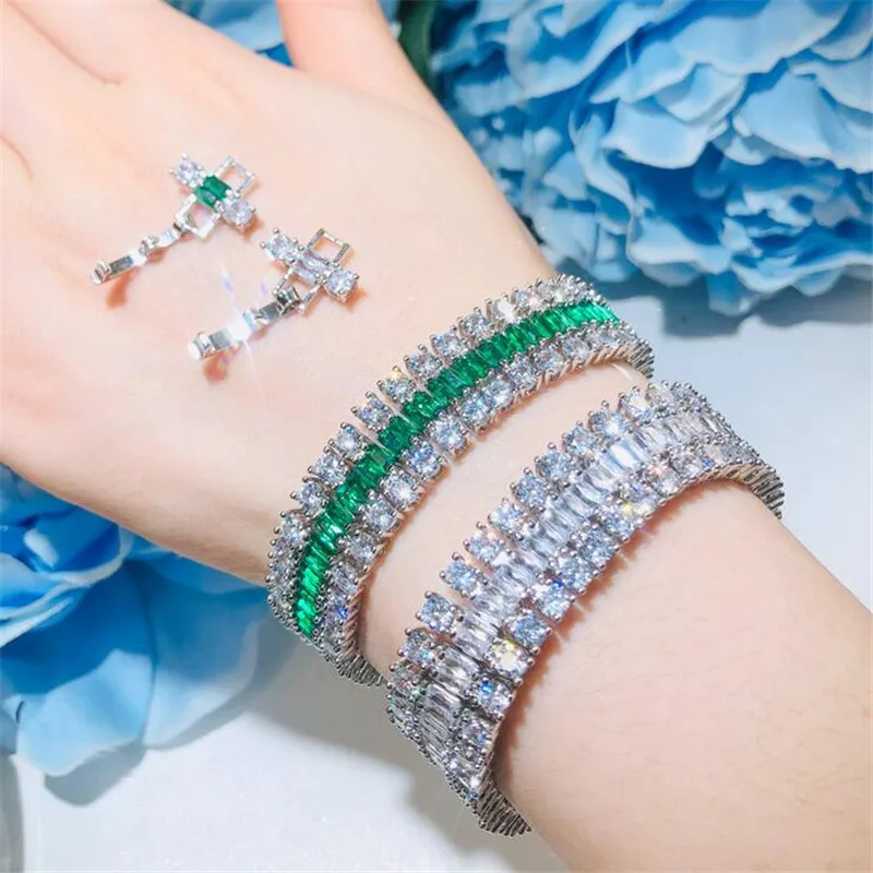 

Stunning Luxury Jewelry 925 Sterling Silver Full Princess Cut Emerald CZ Diamond Gemstones Party Popular Women Bracelet Gift