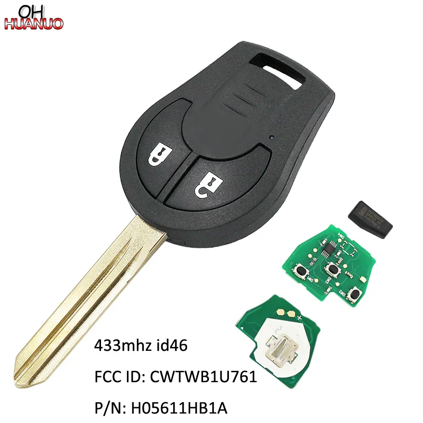 2 кнопочный флуоресцентный чип 433 МГц ID46 для NISSAN Micra K14 2010 + FCC ID:CWTWB1U761 P/N: H05611HB1A|Ключ