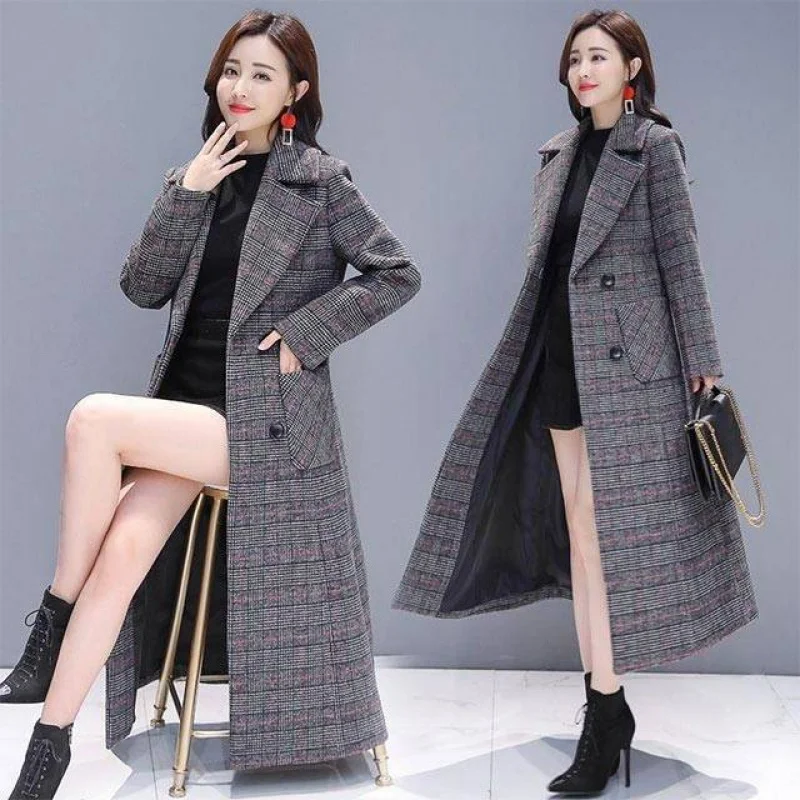 

Autumn and winter new Double-breasted trend temperament ladies explosion Large sizefashion slim long section plaid woolen coat