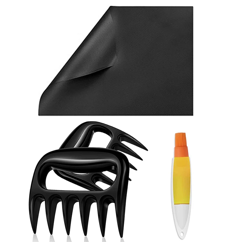 

3 Pieces Set Non Stick BBQ Grill Mat Meat Shredder BBQ Fork Silicone Oil Bottle with Brush Barbecue Accessories Kitchen Tool