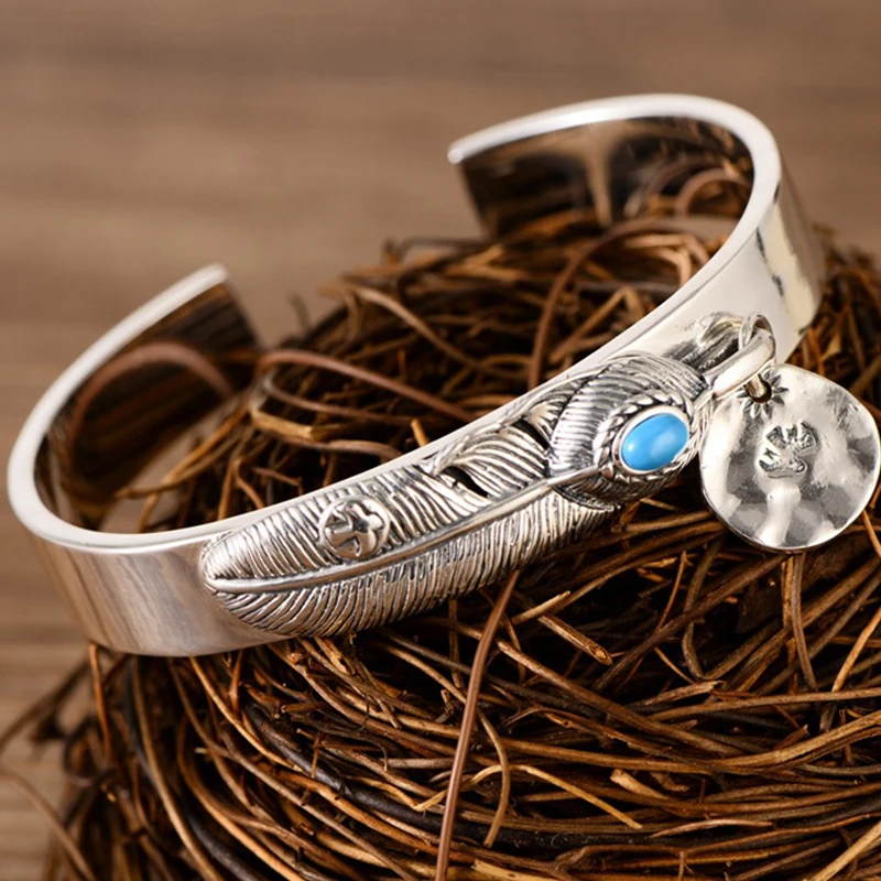 

Браслет для влюбленных из тайского серебра 999 пробы, с перьями и бирюзой ручной работы