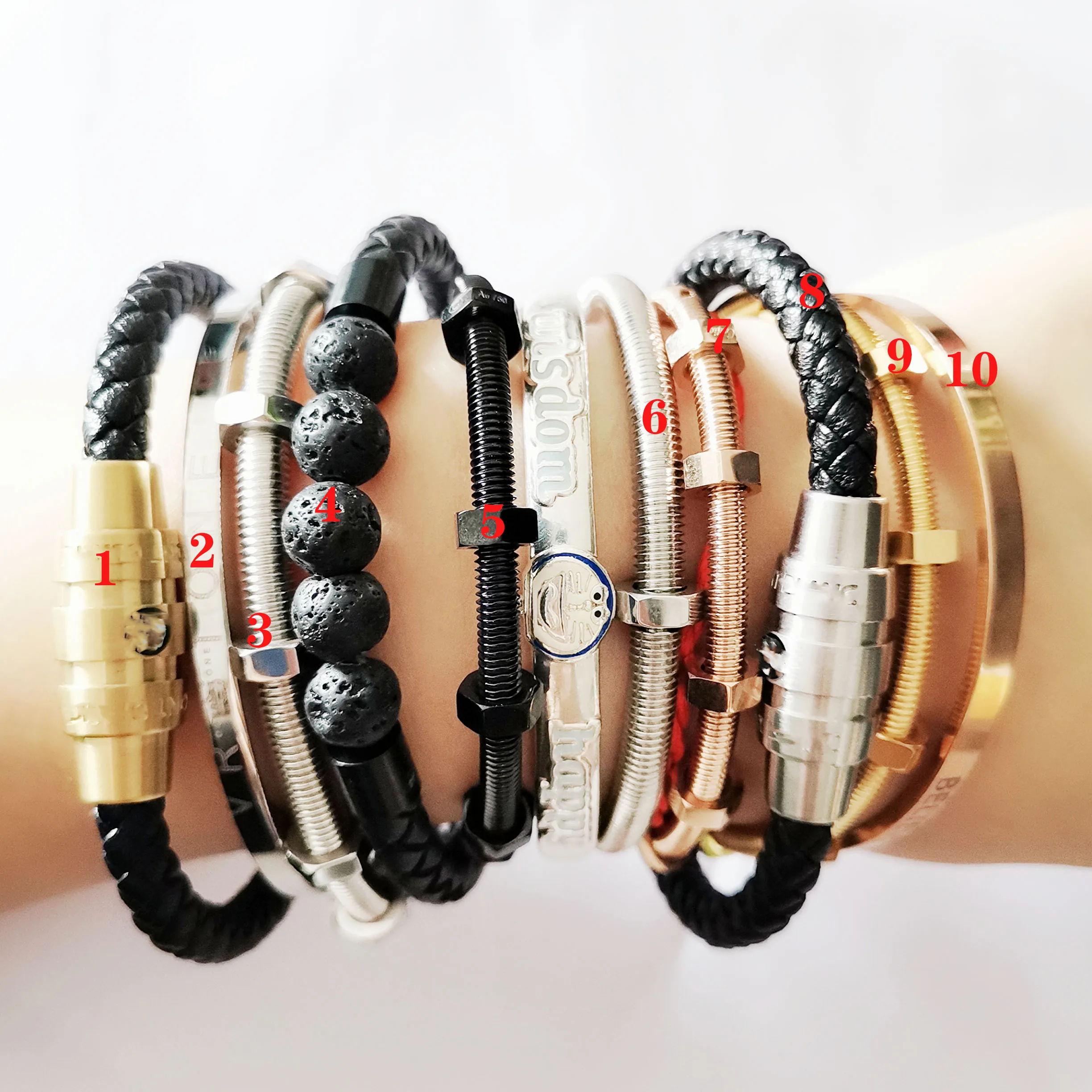 

New fashion jewelry titanium steel leather bead bracelet lucky bracelet nut rotating bangle with logo