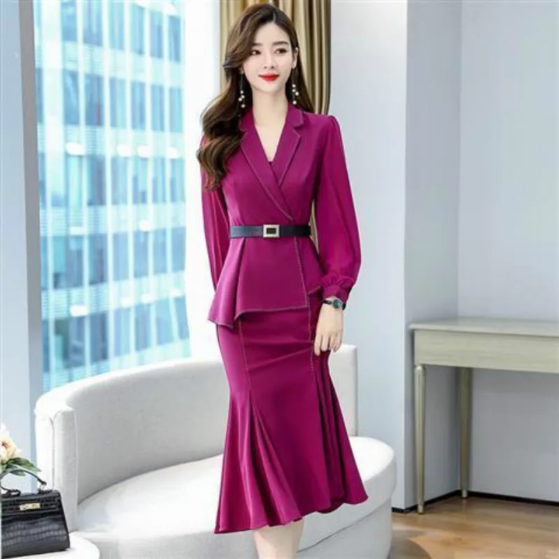 

European American Women's Wear 2021 Winter Long - Sleeved Single - Breasted Belt Jacket Fishtail Skirt Woolen Suit Y356