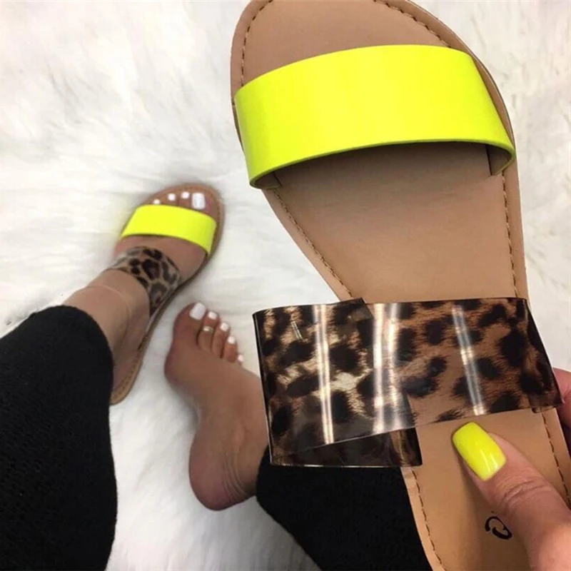 2020 летние Для женщин ярко-желтого цвета Туфли без каблуков тапочки и леопардовым