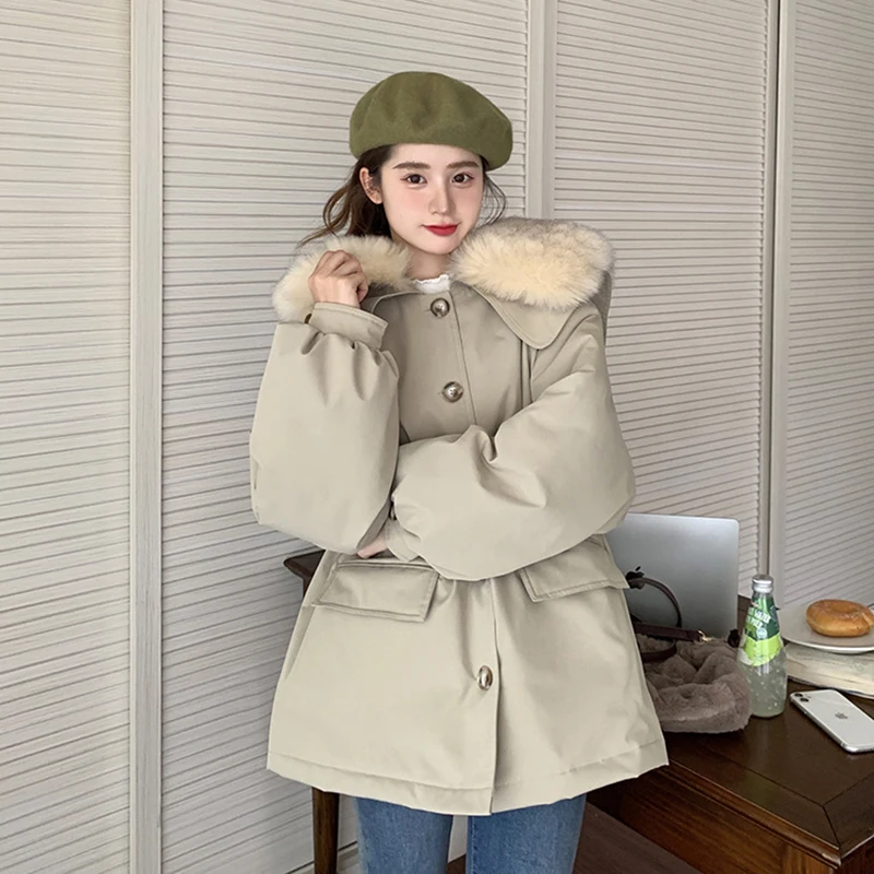 

Корейская мода, пальто с хлопковой подкладкой, Женская приталенная куртка с меховым воротником и длинным рукавом, женские зимние элегантные толстые теплые куртки, 2022