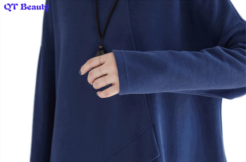 

Full Cotton new Fashion style women clothes pure blue color plus T-Shirt Female Top Long Sleeve Shirts