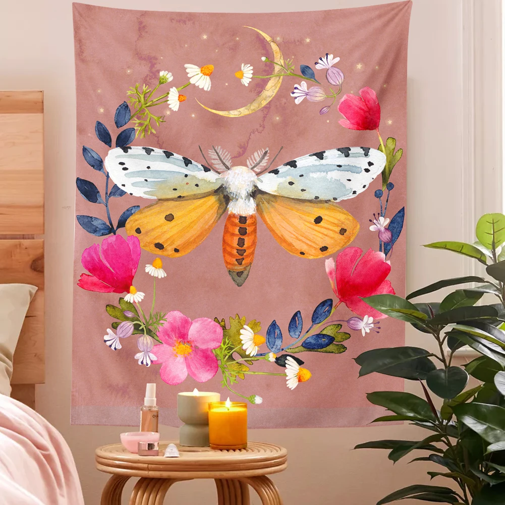 

Pink Moth Wall Decor Boho Moon Phase Tapestry Hangings Aesthetic Room Decor Mandala Decoration Tapiz INS Dorm Room Decor