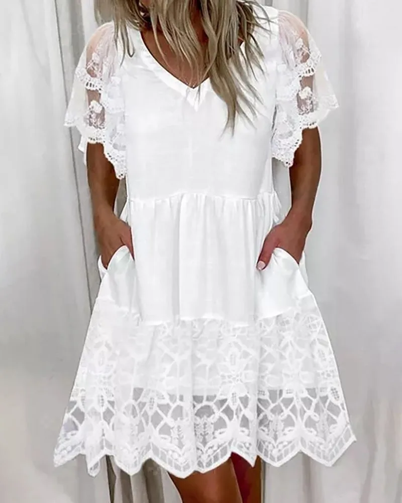 

Woman Sexy A-line Lace Dress High Waist Short-sleeve Solid Dresses For Women Summer Ladies White dress Plus Size
