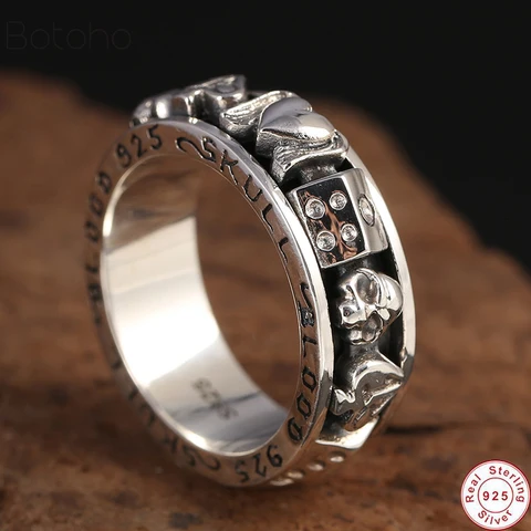 Женское и мужское вращающееся кольцо в форме сердца, винтажное серебряное кольцо с черепом из 100% серебра 925 пробы, вращающееся кольцо