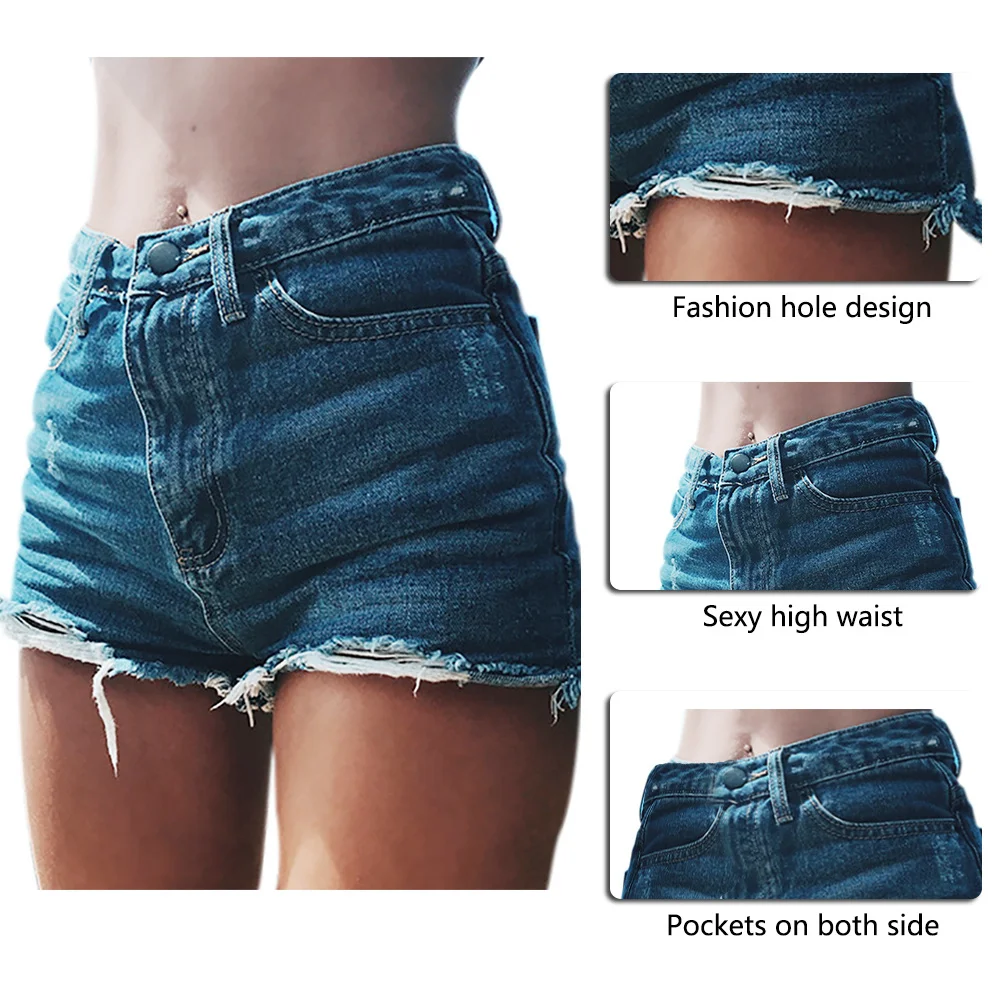 

2020 Summer Women Denim Ripped Short Pants With Pockets High Waist Jean Casual Leg-openings