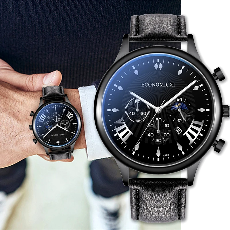 Деловые мужские часы кожа многоцветные простые кварцевые с календарем точный