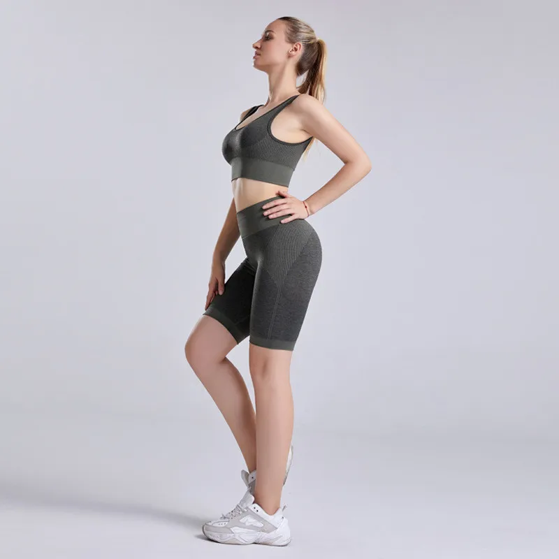 Бесшовный спортивный костюм в полоску женский бюстгальтер шорты для йоги фитнес
