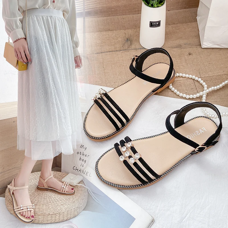 

Soft 2021 Sandals Black Shoes for Women All-Match Anti-Skid Summer Heels New Beige Comfort Flat Low Girls Outside Fashion Beach