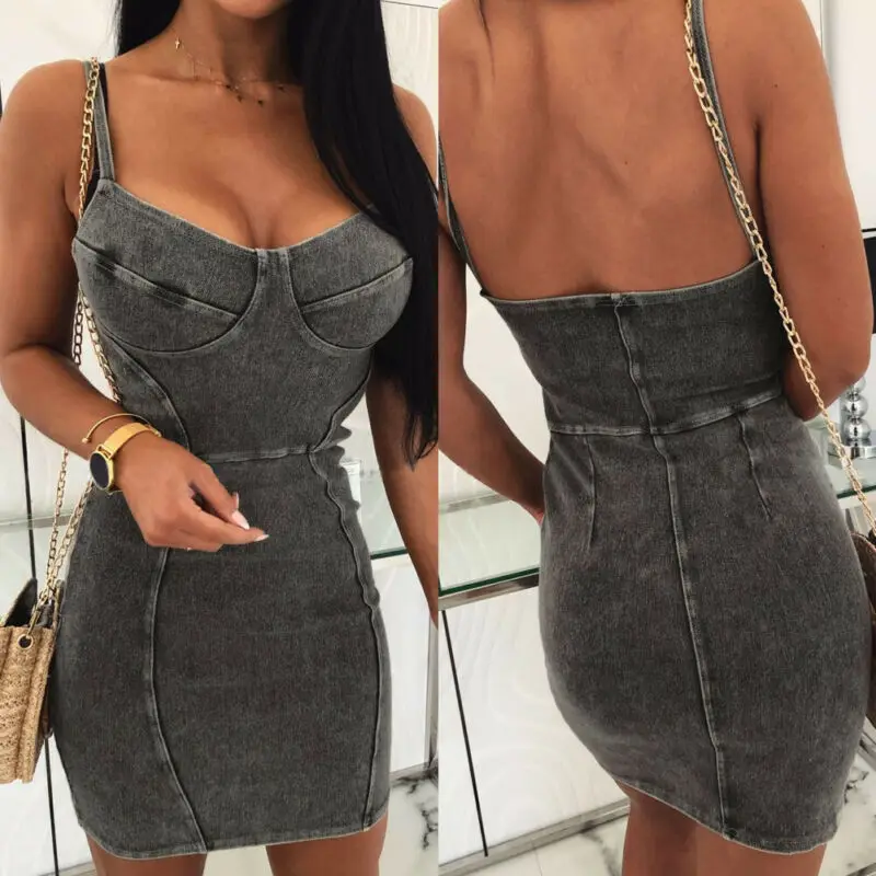 Сексуальное женское джинсовое платье на бретельках без рукавов с v-образным