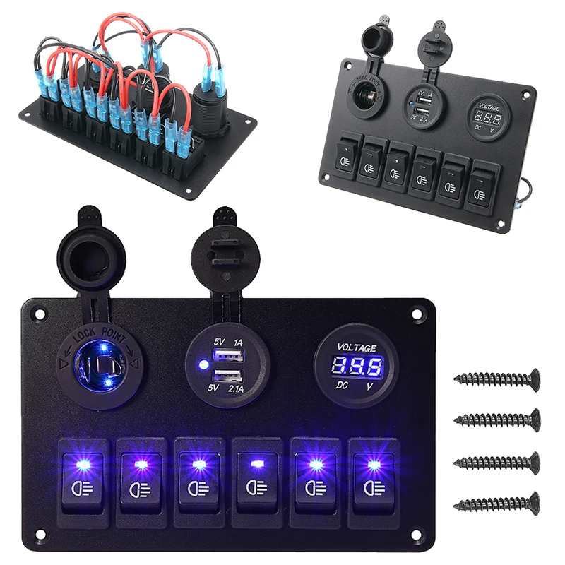 

6 Buttons Waterproof Car Auto Boat Marine LED Rocker Switch Panel Circuit Breakers Dual USB Charger Switch Control Panel