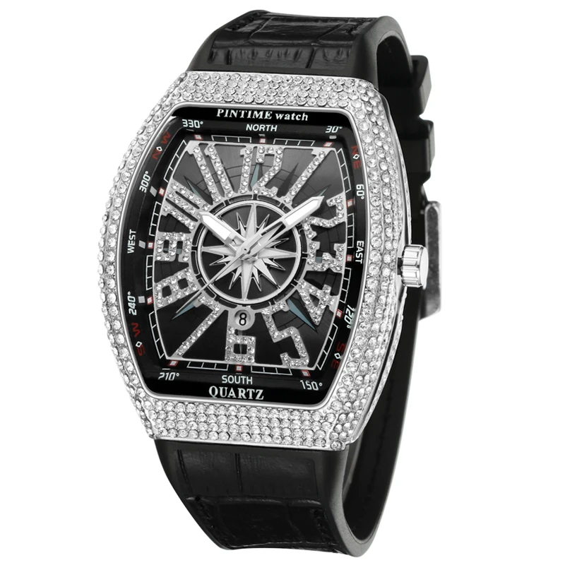

Hip Hop Watch Men Big Dial Diamond Gold Mens Watches Top Brand Luxury Leather Quartz Clock Relogio Masculino Montre Reloj Hombre